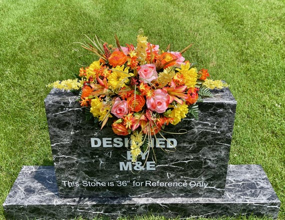 Peach-Orange-Yellow Quality Silk Flowers, Cemetery Saddle, Cemetery Flowers, Headstone Saddle, Cemetery Arrangement,