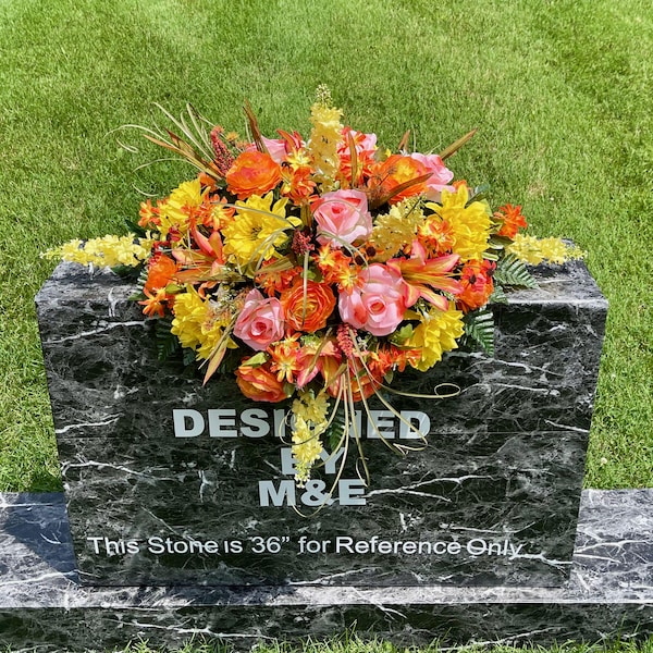 Peach Orange Silk Flower Cemetery Saddle: Headstone Arrangement
