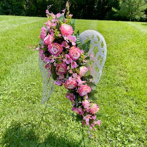 Pretty Pink Quality Silk Flowers on White Angel Wings for Cemetery,  Cemetery Flowers, Cemetery Wreath, Gravesite Flowers