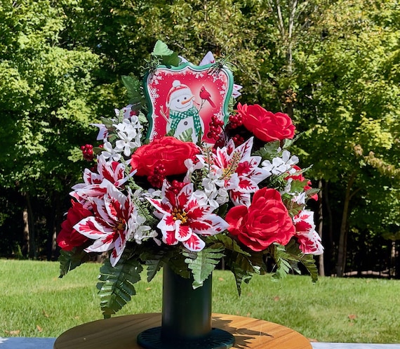 Metal Snowman Christmas Cemetery Vase, Holiday Memorial Flowers
