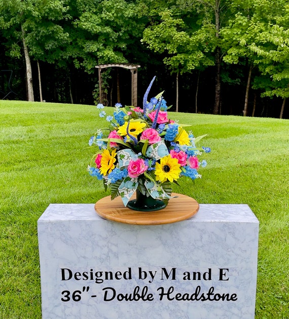 Pink-Blue-Yellow with Bow Cemetery Vase, Vase Arrangement, Memorial Cemetery Vase, Memorial Flowers, Spring Cemetery Vase, Sympathy Flowers