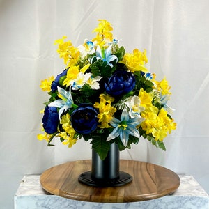 Blue and Yellow Large Vase Piece, Cemetery Flower Arrangement, Flower for Cemetery, Memorial Flower, Cemetery Flower