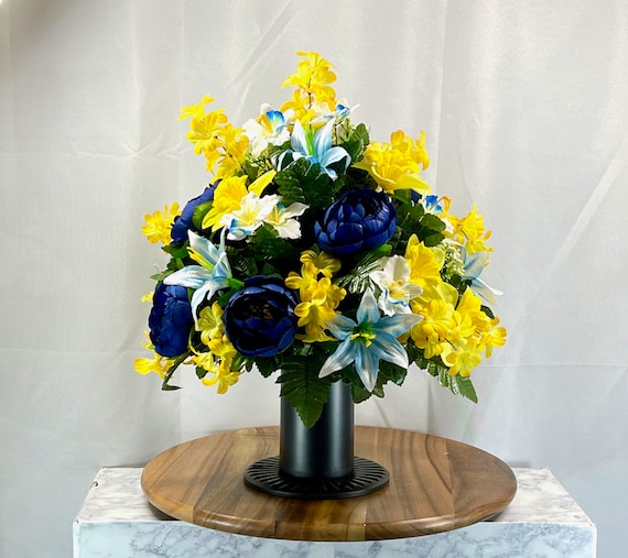 Blue and Yellow Large Vase Piece, Cemetery Flower Arrangement, Flower for Cemetery, Memorial Flower, Cemetery Flower