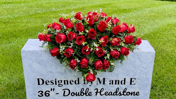 Deep Red Rose Cemetery Saddle: Memorial Headstone Flowers