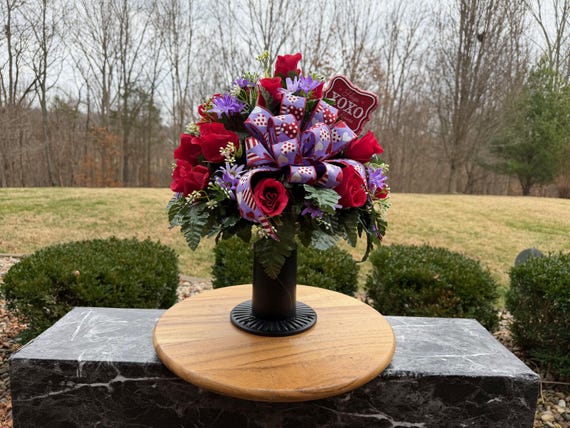 Hugs and Kisses Valentine Cemetery Vase with Bow, Cemetery Arrangement, Grave Decorations, Memorial Flowers