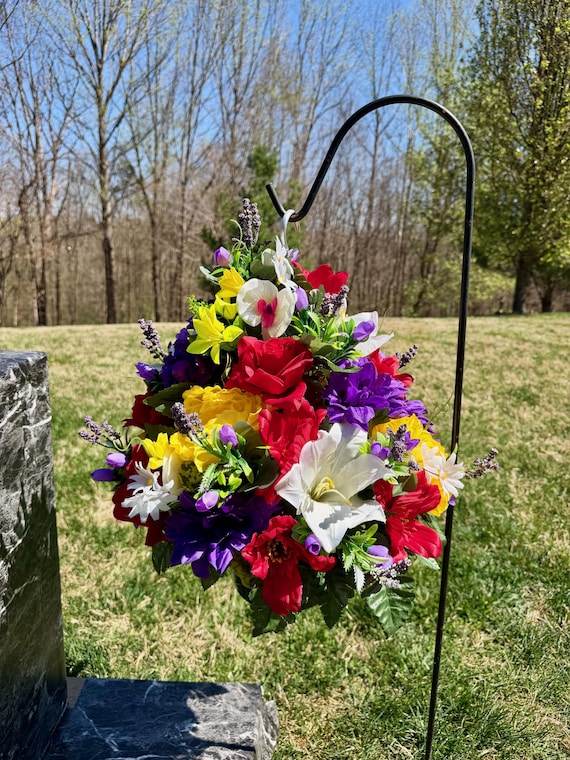 Red, White, Yellow ad Purple Cemetery Hanging Basket, Grave Decorations, Memorial Flowers