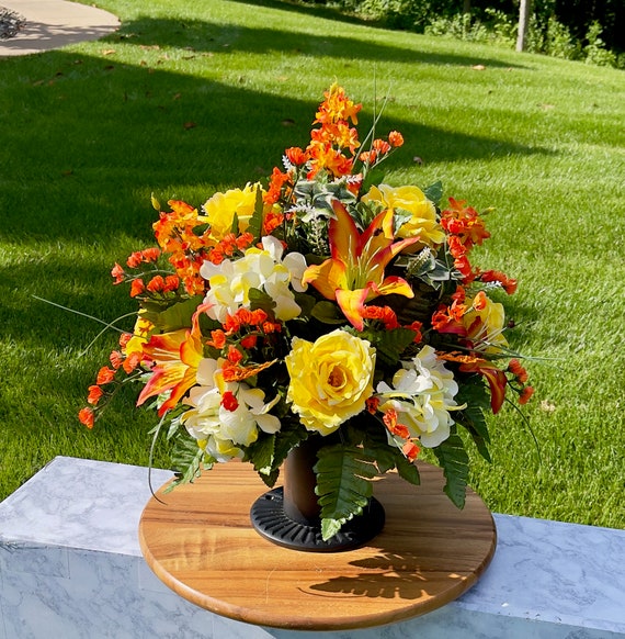 Bright Orange and White Cemetery Vase, Vase Arrangement, Memorial Cemetery Vase, Memorial Flowers, Spring Cemetery Vase, Sympathy Flowers