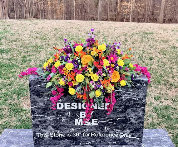 Multi-Color Cemetery Saddle Arrangement, Grave Decorations, Headstone Memorial Flowers