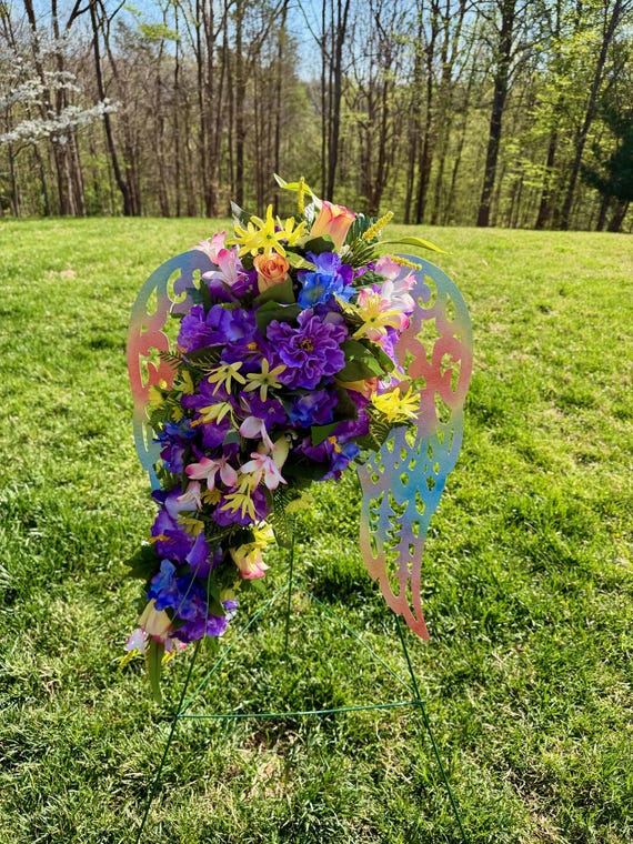Multi-Color Angel Wings Cemetery Arrangement, Memorial Flowers, Headstone Decorations,