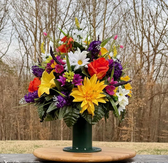 Multi-Color Cemetery Vase Arrangement, Headstone Memorial Flowers