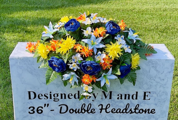 Blue-Orange-Yellow Flowers Cemetery Saddle, Cemetery Saddle, Cemetery Flower, Headstone Saddle Arrangement, Headstone Saddle, Silk Flower