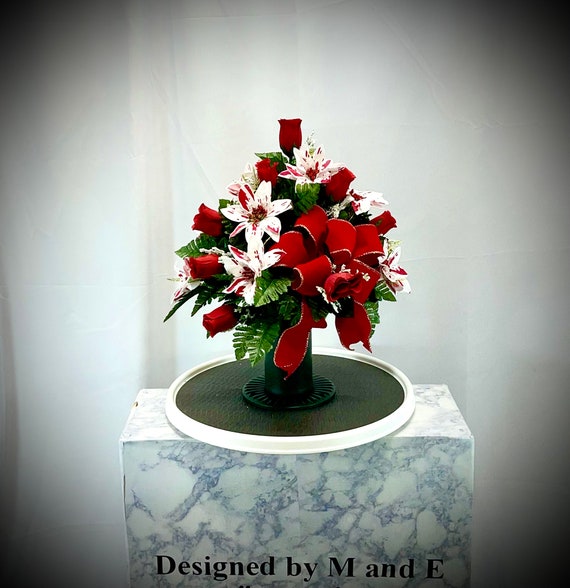 Poinsettia and Red Rose Cemetery Christmas Vase, 1 or a set of 2, Christmas Vase, Christmas Cemetery Vase, Christmas Flowers, Cemetery Vase