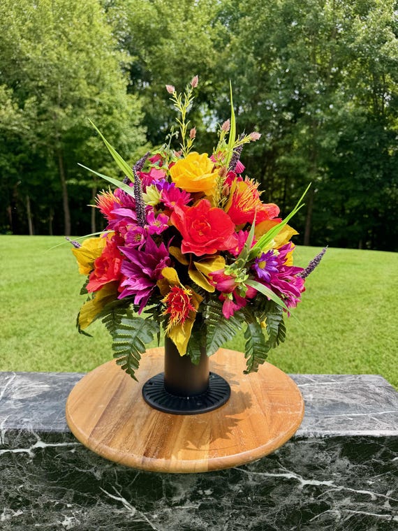 One-of-a-Kind cannot be duplicated Silk Flower Cemetery Vase - Memorial Headstone Arrangement - Grave Decoration