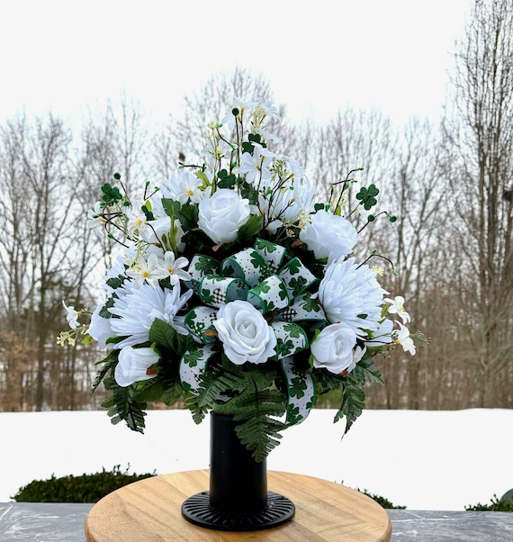 St. Patrick's Day Bow in Cemetery Vase, Grave Decorations, Memorial Decorations