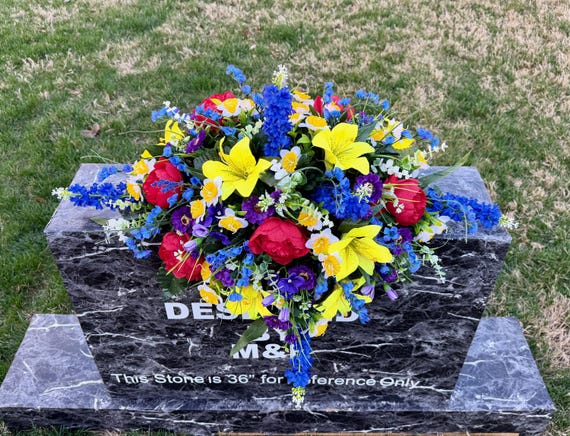 Cemetery Saddle Arrangement, Blue Purple Yellow Red Flowers, Headstone Memorial Decoration