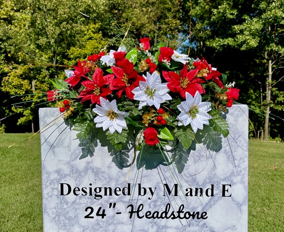 White and Red Christmas 22”-24” Cemetery Single Saddle, Christmas Cemetery Flower, Christmas Headstone Saddle Arrangement, Memorial Flower