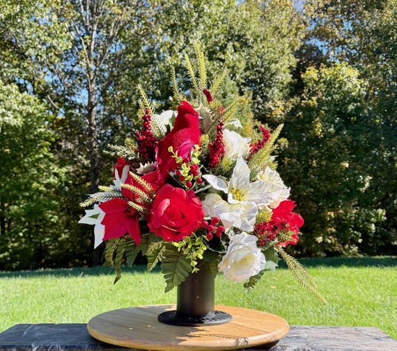 Large Redbird Christmas Cemetery Vase Arrangement: Memorial Flowers