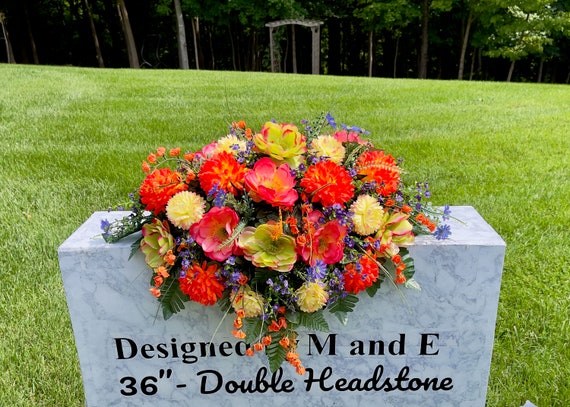 Purple-Oranges-Greens Cemetery Saddle, Flowers for the Cemetery, Memorial Day Saddle, Sympathy Flowers, Cemetery Flower, Gravesite Flower