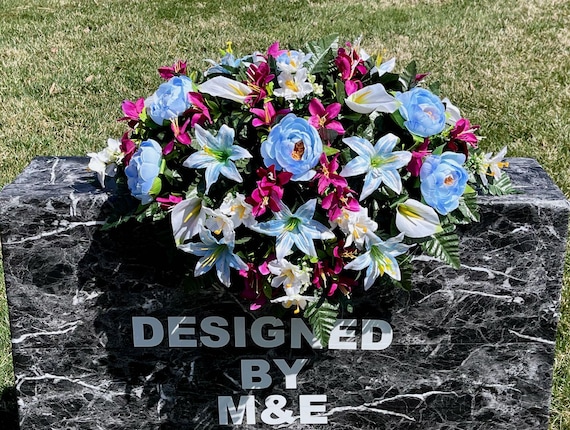 Baby Blue-Fuchsia Cemetery Saddle, Cemetery Saddle, Double Headstone Saddle, Headstone Decoration, Cemetery Flower, Memorial Day Flowers