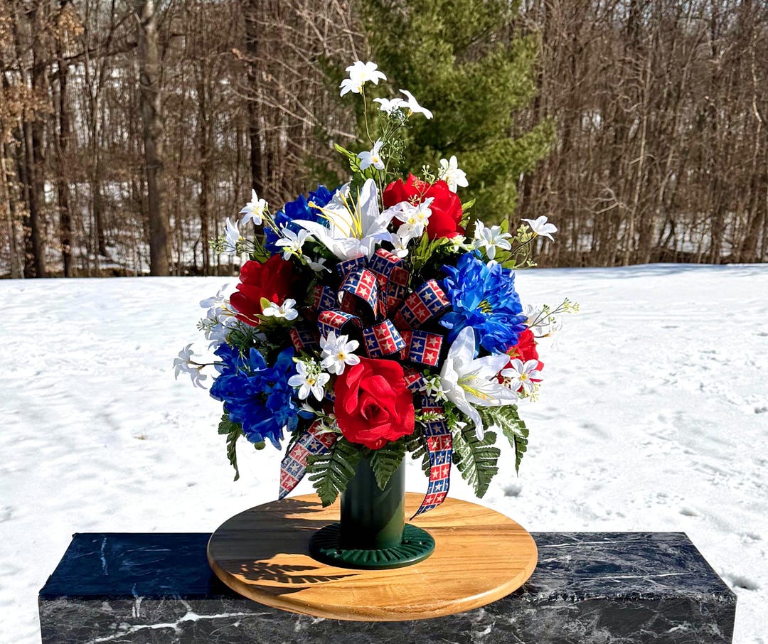 Red White Blue Cemetery Vase Arrangement, Memorial Headstone Flowers - Etsy