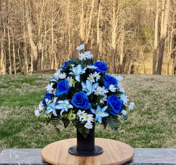 Blue and White Cemetery Vase Arrangement, Headstone Arrangement, Memorial Decorations