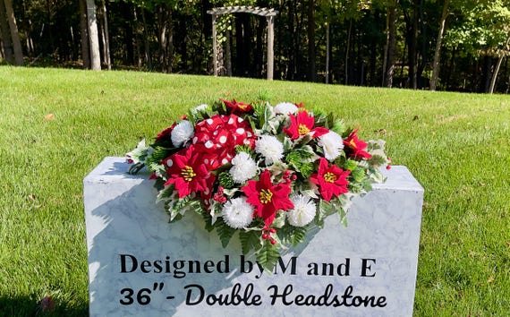 Red and White Bow with Red Berries Christmas Cemetery Saddle, Christmas Cemetery Flowers,