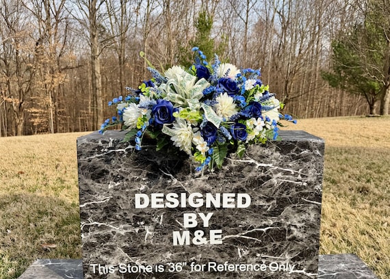 Beautiful Blue and White with a Bow Cemetery Saddle, Quality Flowers, Grave Decoration, Memorial Flowers