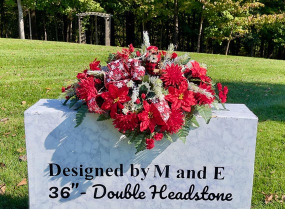 Owl Christmas Cemetery Saddle, Red Poinsettia Headstone Flowers
