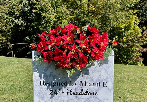 Red Poinsettia Christmas Cemetery Saddle, Winter Headstone Decorations, Cemetery Flowers, Grave Holiday Arrangement