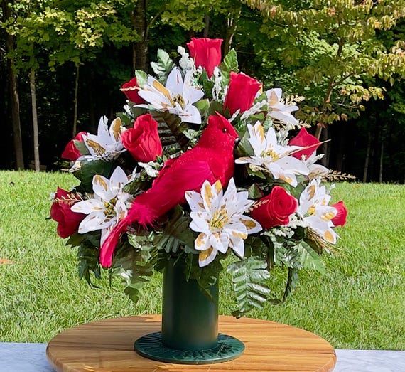 Cardinal & Red Roses Cemetery Vase, Memorial Flowers