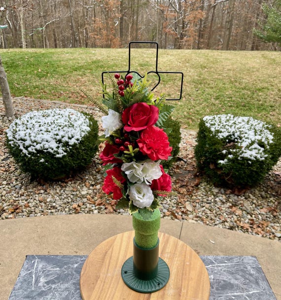 Bright Christmas Arrangement on Metal Cross with Heart for Cemetery; Flowers with Berries