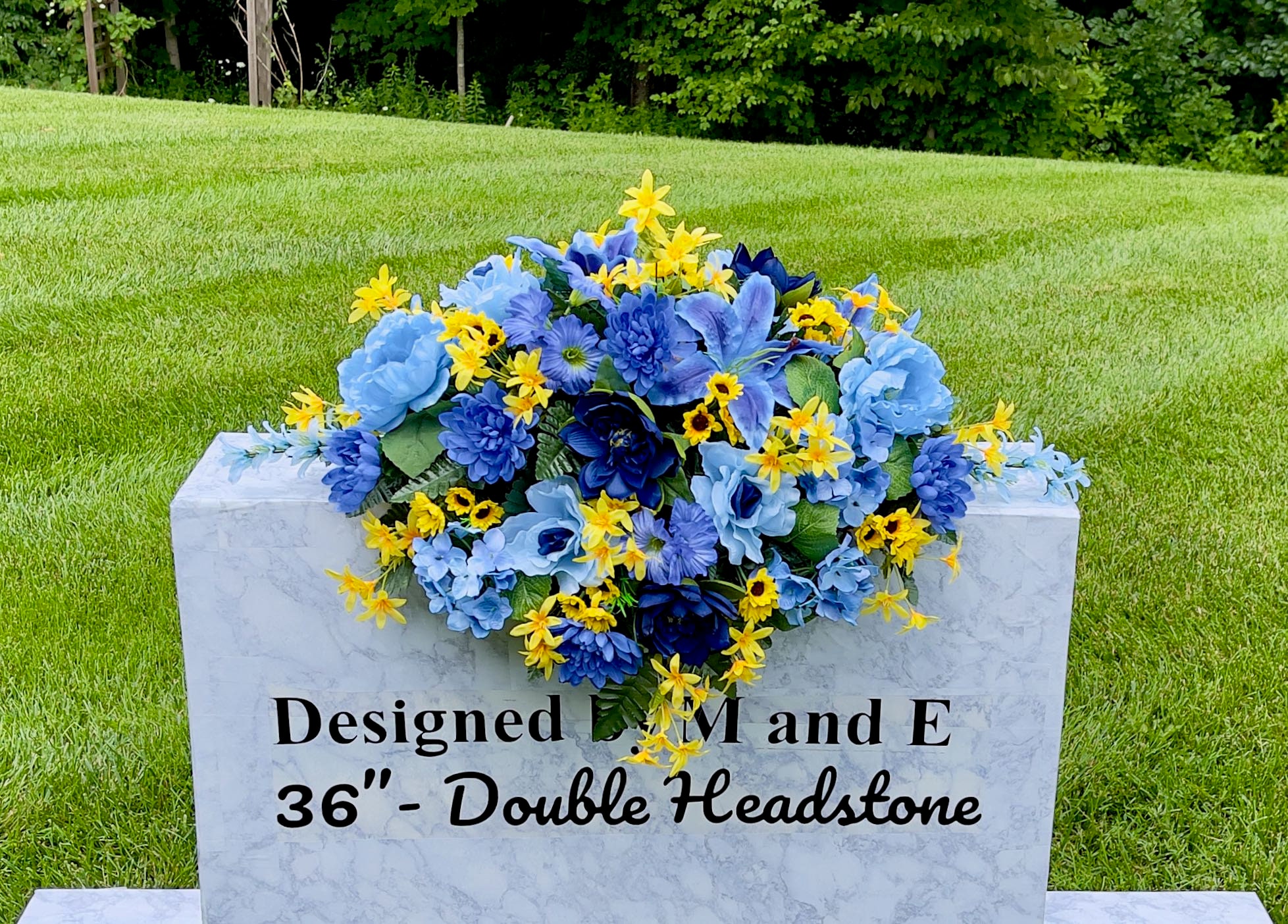 Blues and Yellows Fall Saddle, Autumn Cemetery Saddle, Double Headstone