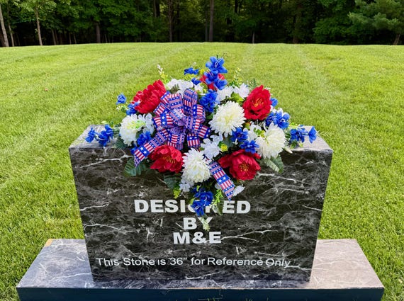 Patriotic Cemetery Saddle Arrangement, Silk Flowers, Memorial Day Headstone Flowers