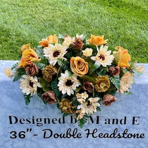 Cream & Brown Silk Flower Cemetery Saddle: Headstone Arrangement