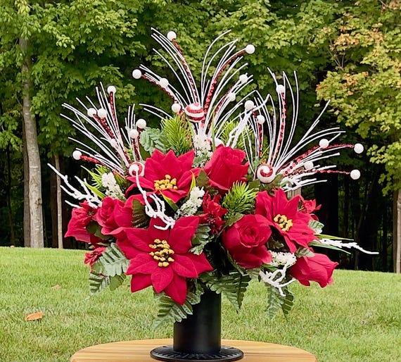 Red Roses and Poinsettias Christmas Cemetery Vase, Vase Arrangement, Memorial Cemetery Vase, Cemetery Vase, Sympathy Flower