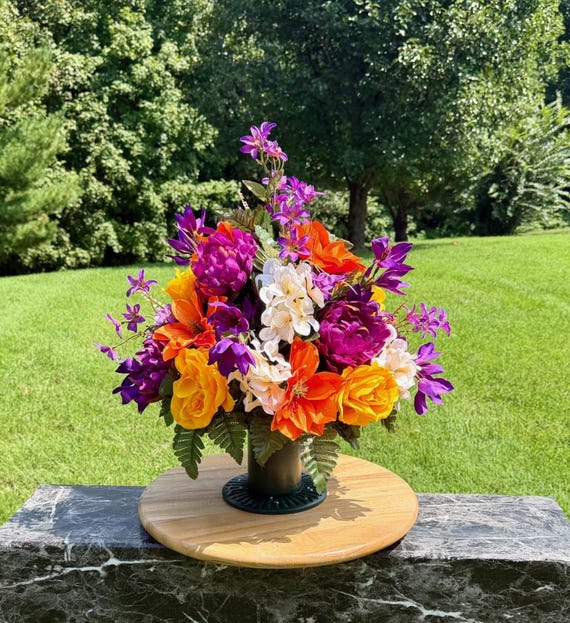 Fall Cemetery Vase, Purple, Cream and Orange  Cemetery Vase Arrangement: Fall Memorial Flowers