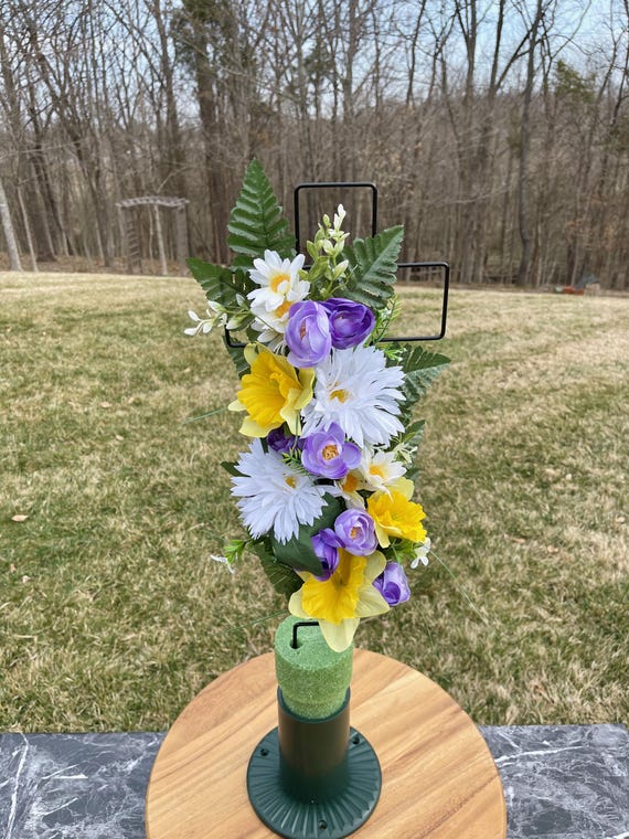 White-Yellow-Purple Silk Flowers on Cross, Cemetery Cross with Heart, 22” Cross Flower Arrangement, Flowers for Cemetery, Memorial Flowers