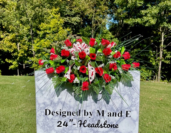 Red Roses with Bow Christmas 22”-24” Cemetery Saddle, Christmas Cemetery Flower, Christmas Headstone Saddle Arrangement, Memorial Flower