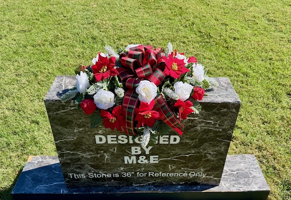 Christmas Saddle with Plaid Bow,  Cemetery Saddle, Red and White Holiday Cemetery Flowers, Seasonal Grave Decoration, Winter Grave Decoratio