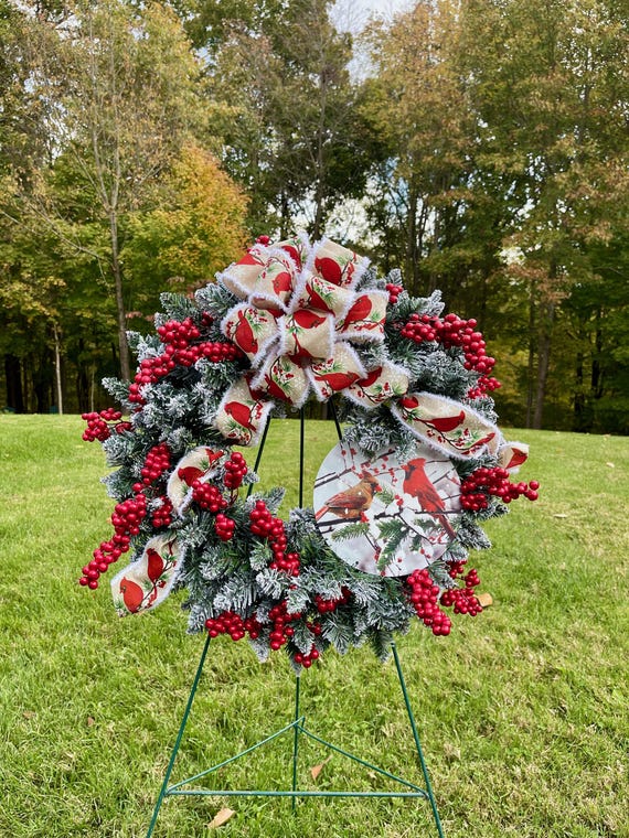 Cardinal Sign with Bow Christmas Cemetery Wreath, Holiday Headstone Arrangement