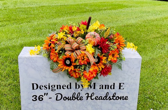 Fall Pumpkin with Bow Quality Silk Flowers, Cemetery Saddle, Cemetery Flowers, Headstone Saddle, Cemetery Arrangement, Memorial Day Flowers