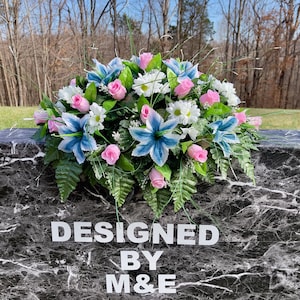 Pink, Blue & White Cemetery Saddle: Memorial Flower Arrangement (22-24”)