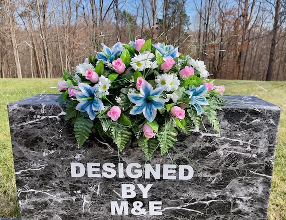 Pink, Blue and White Single Headstone Cemetery Saddle, 22-24” Cemetery Flower Arrangement, Flowers for Cemetery, Memorial Saddle