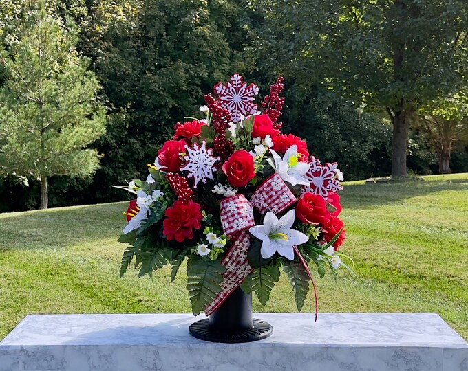Snowflake With Bow Christmas Cemetery Vase, Vase Arrangement, Memorial