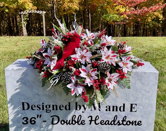 Large Redbird with Variegated Flowers Cemetery Saddle, Christmas Cemetery Flowers, Headstone Saddle Arrangement, Christmas Headstone Saddle