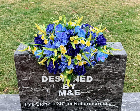 Blue Yellow Cemetery Saddle Arrangement, Memorial Flowers Headstone Decoration