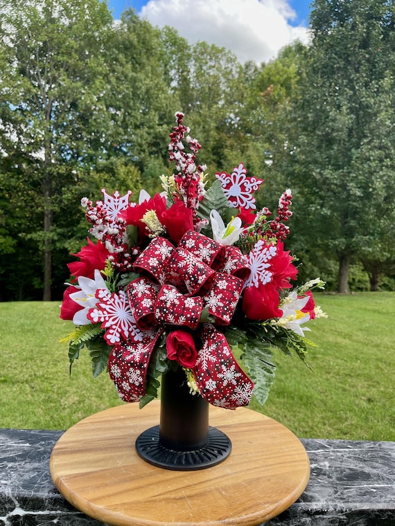 Snowflake Bow Cemetery Vase Arrangement: Winter Memorial Flowers