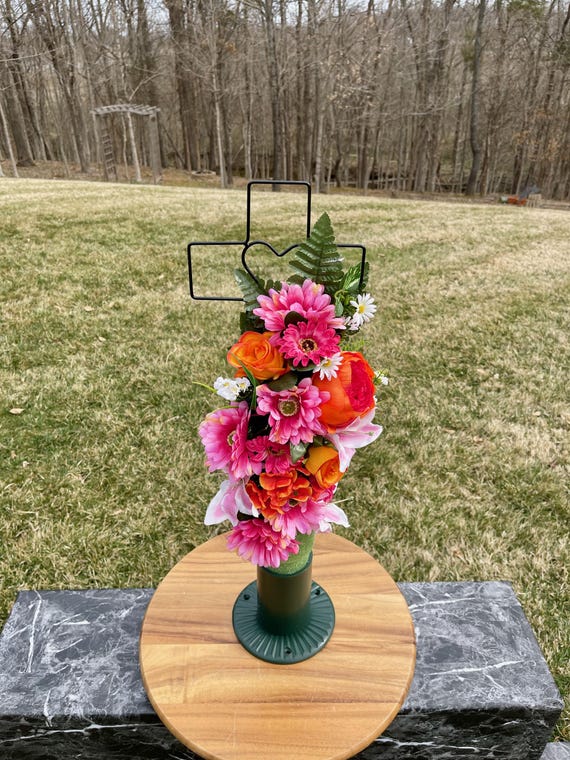 Pinks-Orange Silk Flowers on Cross, Cemetery Cross with Heart, 22” Cross Flower Arrangement, Flowers for Cemetery, Memorial Flowers