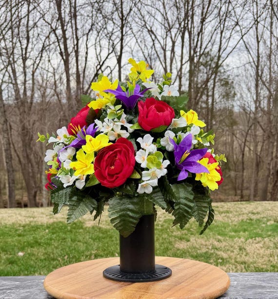 Cemetery Vase Arrangement, Bright Yellow Purple Red Flowers, Memorial Day Tribute
