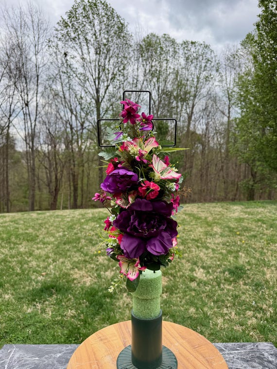 Burgundy, Pink and Purple Silk Flower Heart Cemetery Cross - Grave Decoration - Memorial Arrangement